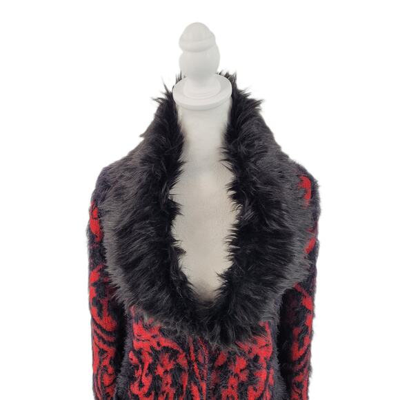 Black Rivet Womens Red Black Faux Fur Trim Long Sleeve Cardigan Sweater Size L - Picture 5 of 9